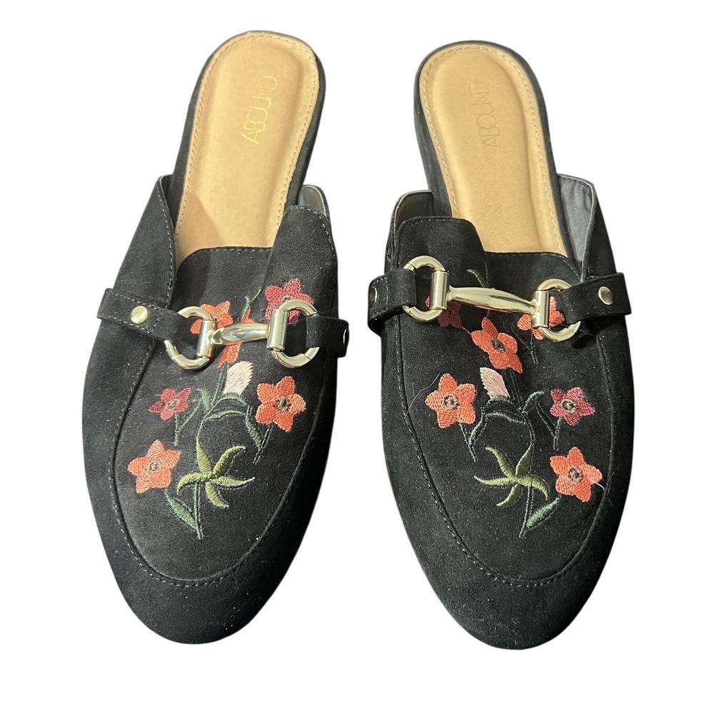 ABOUND Women's Black Embroidered‎ Floral Mule Flats Slip On Loafers Size 7.5